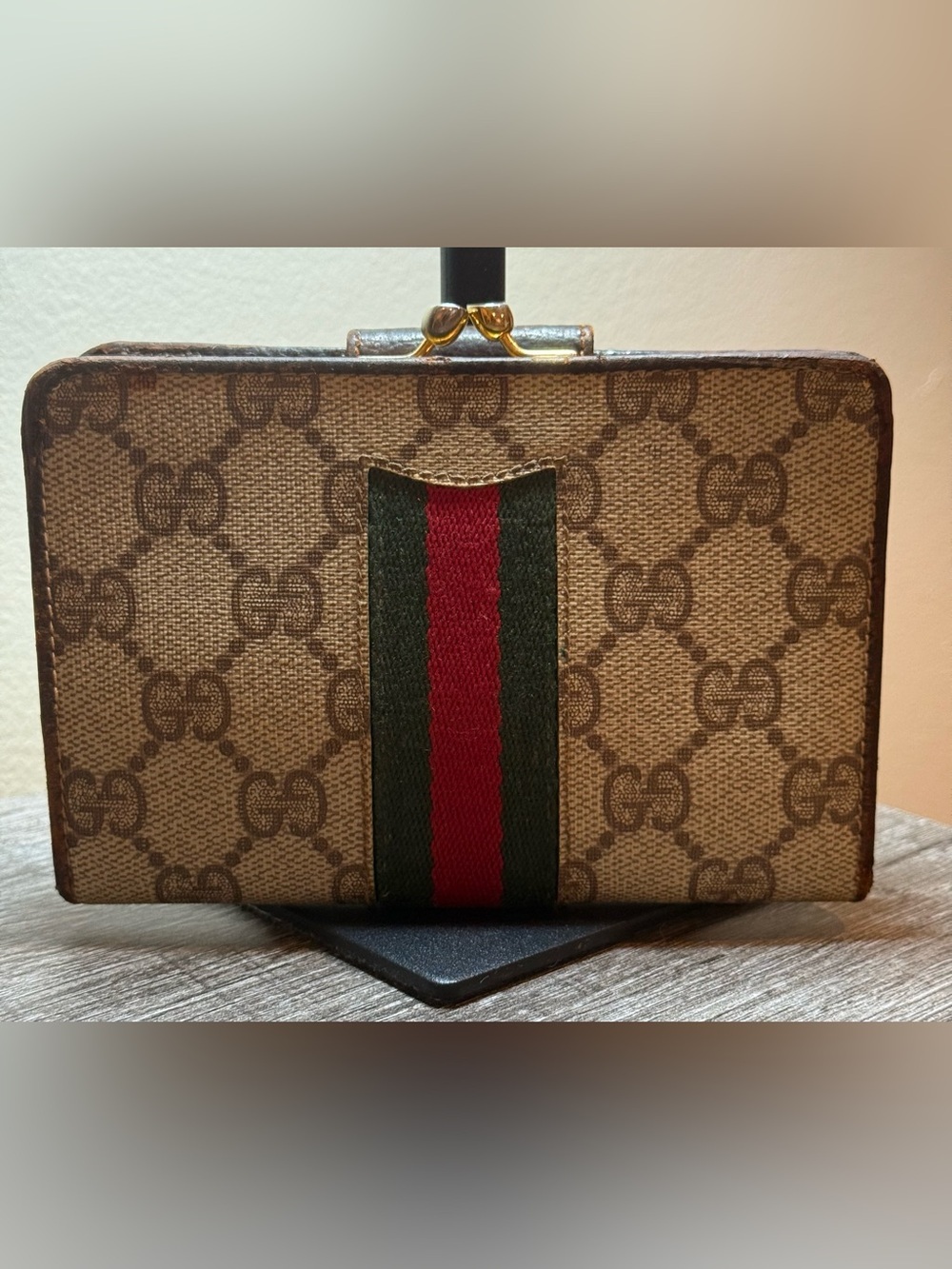 Vintage Gucci GG Supreme Web Stripe Compact Wallet Brown Italy Authenticated - Picture 2 of 16